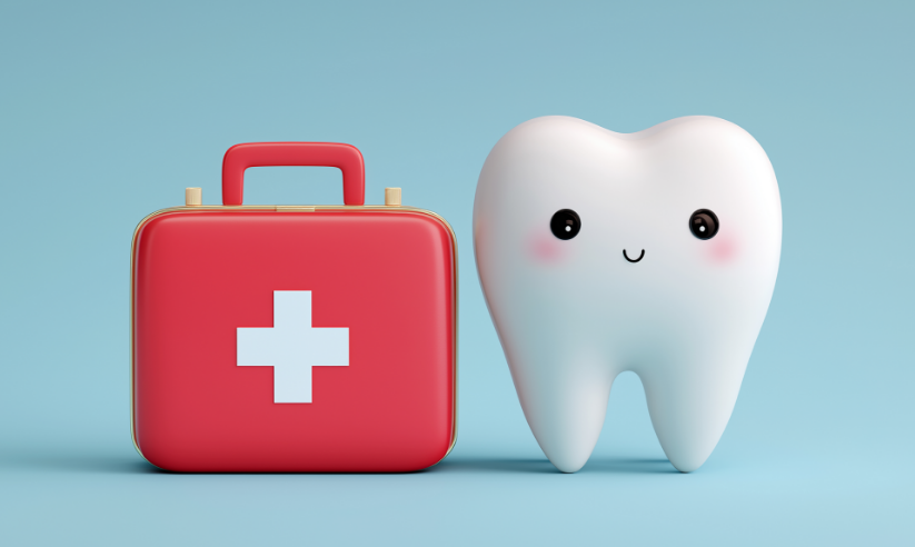3D tooth cartoon with first aid kit